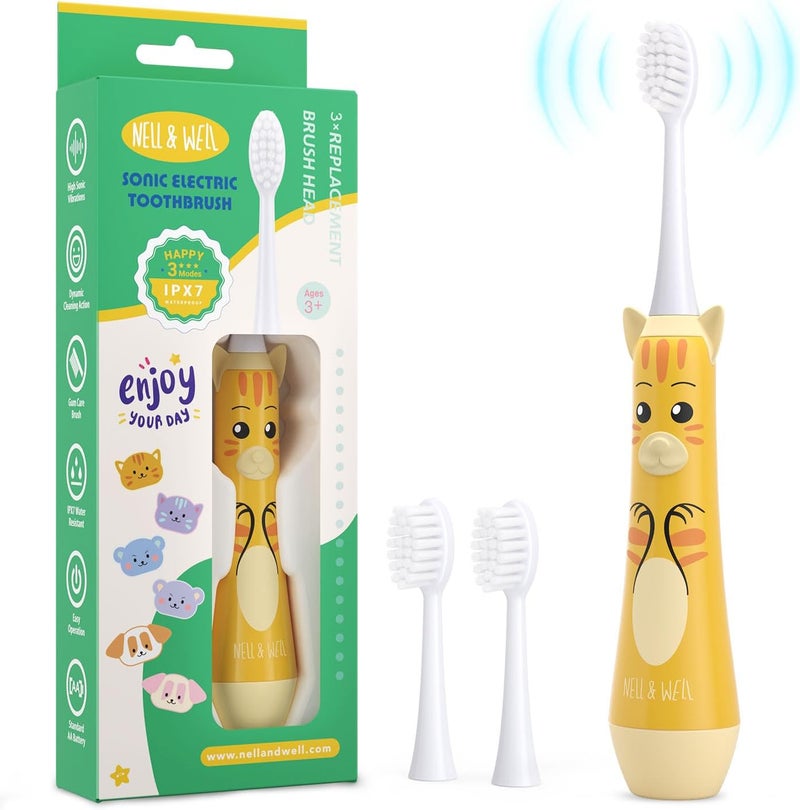 NELLWELL Kids Electric Toothbrush, 2-Min Timer, 3 Modes with Memory, IPX 7 Waterproof, Battery Powered Kids Toothbrush with 3 Soft Bristles Heads for Children Boys and Girls Ages 3+ - Image 1